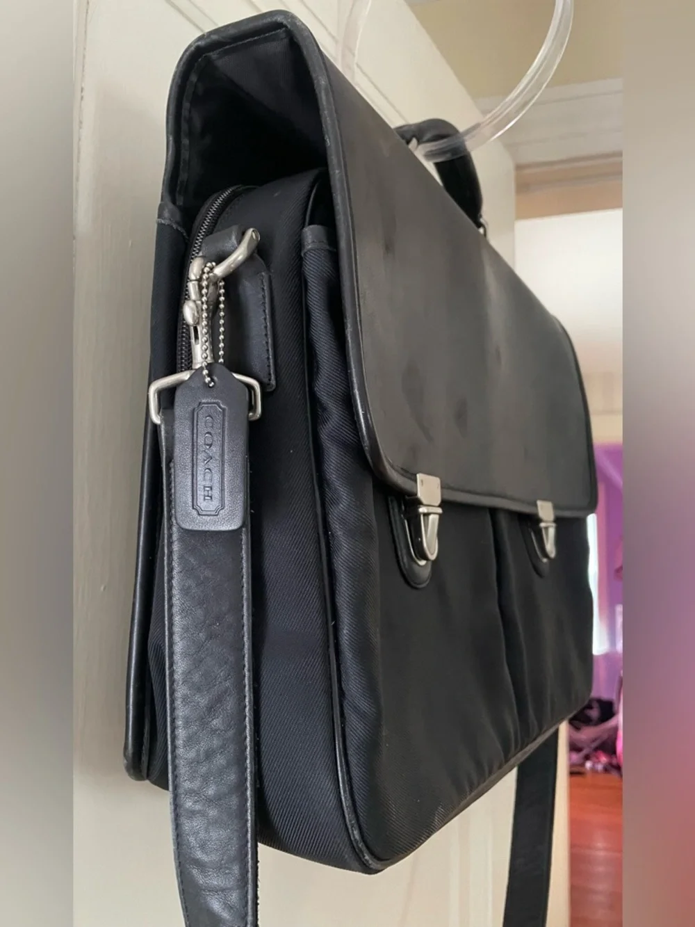 Vintage Coach Black Leather & Nylon Briefcase w/ Padded Laptop Compartment